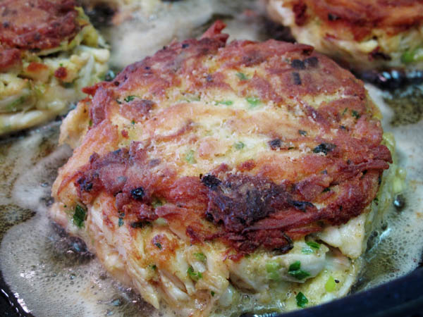 Crab cakes frying