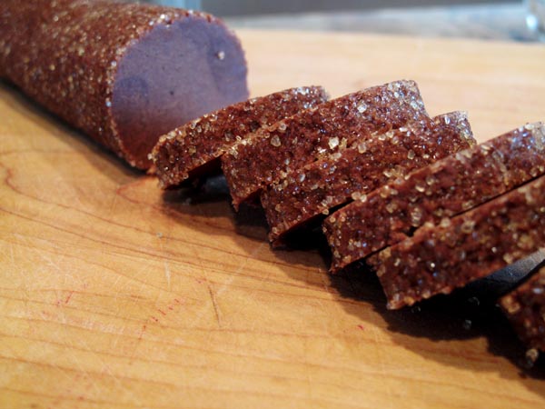 Chocolate butter cookie dough sliced