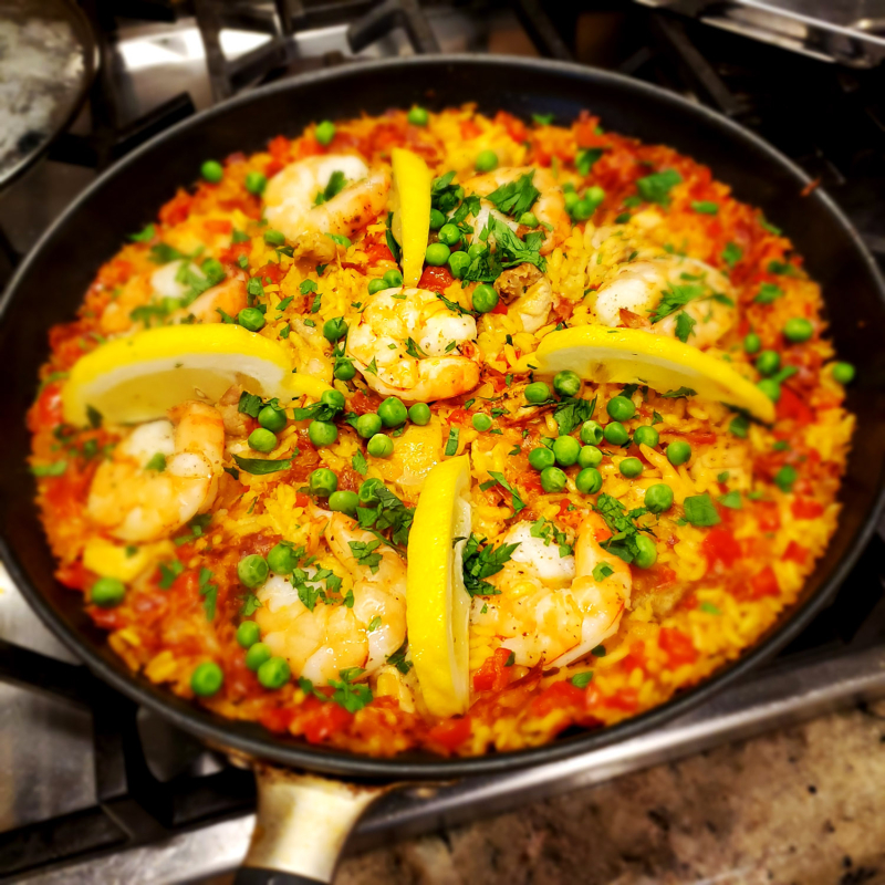 Quick Skillet Paella shrimp layer