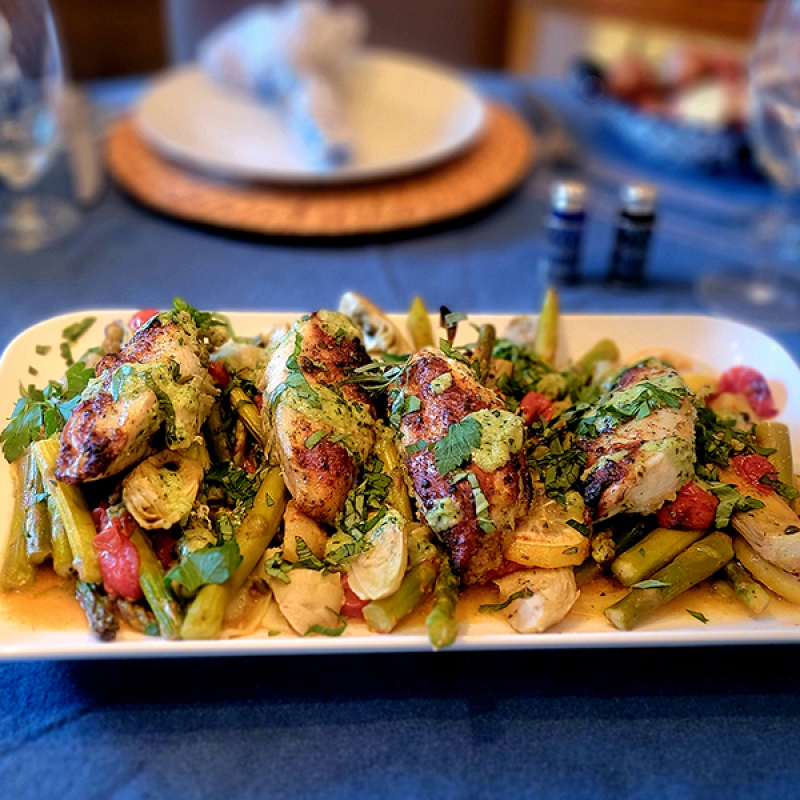 Make-Ahead Mediterranean Chicken with Asparagus Artichokes Cherry Tomatoes Capers and Lemon copy