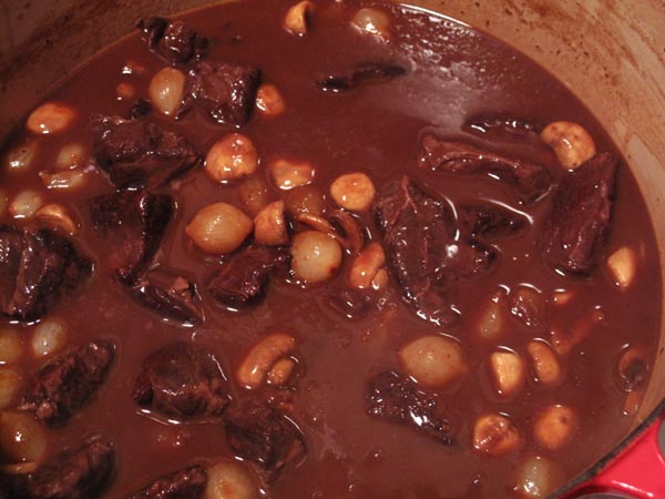 Beef burgundy with onion mushrooms
