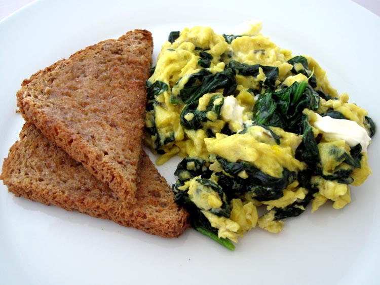 Scrambled eggs spinach cream cheese
