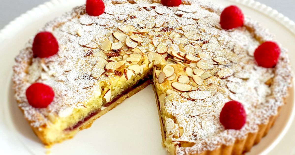 Classic British Bakewell Tart Almond Frangipane Jam Tart sliced