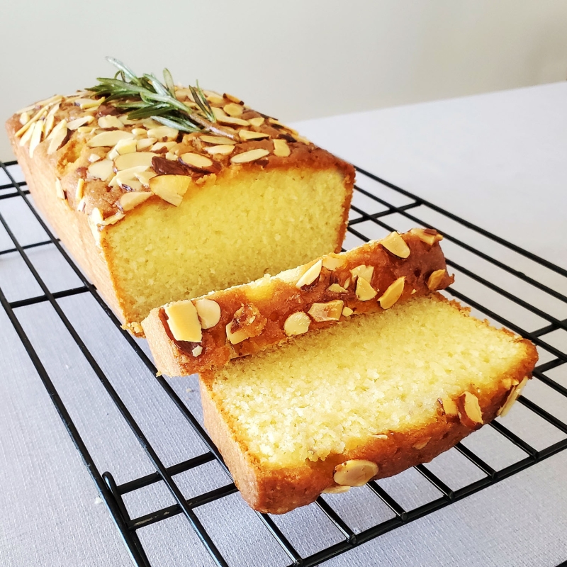 Lemon Almond Loaf Cake Rosemary Drizzle Cake sliced