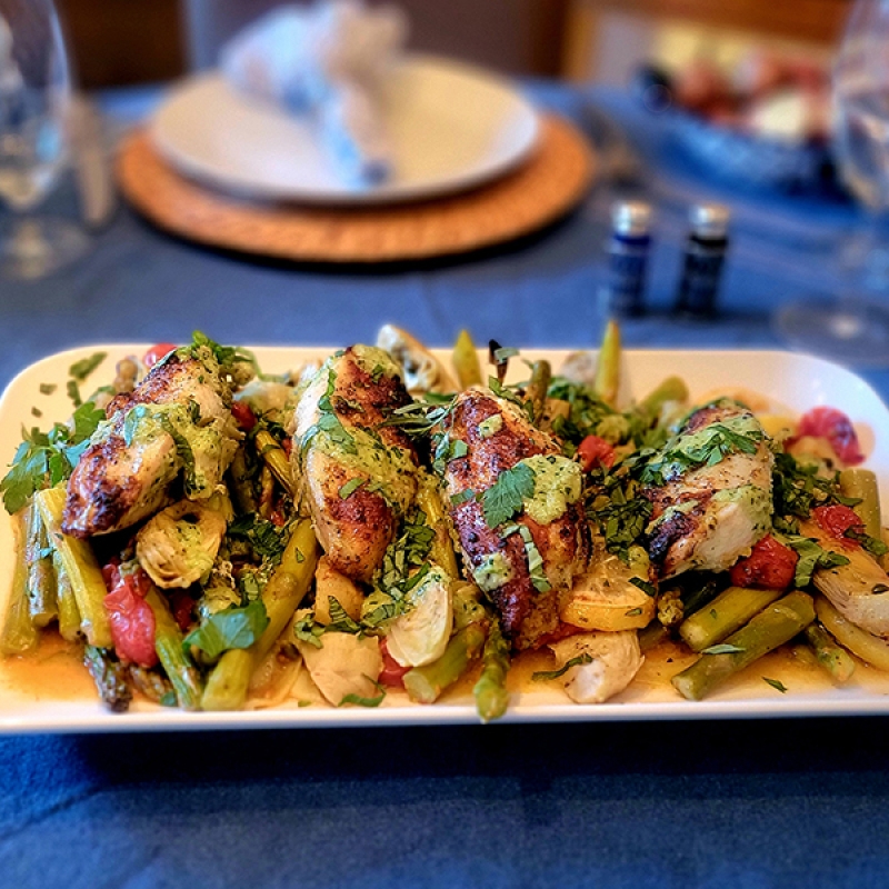Make-Ahead Mediterranean Chicken with Asparagus Artichokes Cherry Tomatoes Capers and Lemon copy